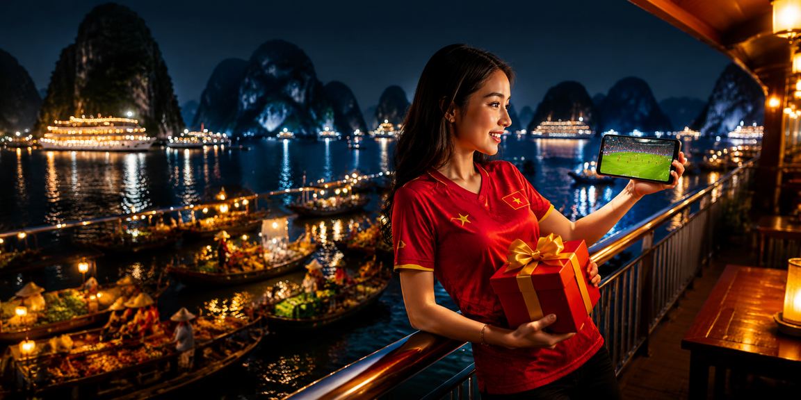 Người chơi xem kèo bóng đá trực tuyến bên vịnh Hạ Long qua ứng dụng di động